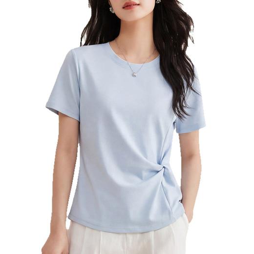 「自」全新升级【铂金会员128/天猫169/差价41】(05756)洛诗琳气质小蛮腰丝光棉T恤女2026夏季正肩纯色修身扭结上衣 商品图4