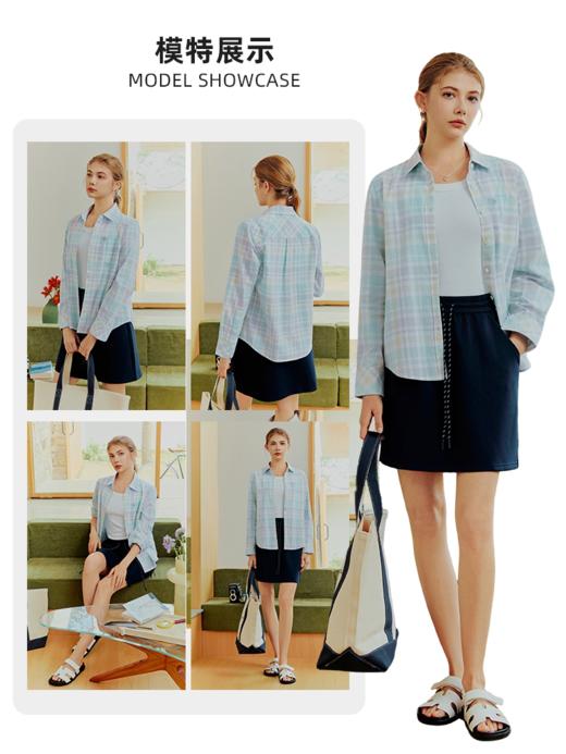 波顿女士春秋季宽松格仔长袖衬衫｜蓝绿白格交织，翻领全开襟的自在随性LS159126 商品图2