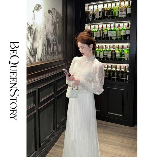 【孤品样衣，不退不换】【花月茉莉】法式特种绣花钉珠荷叶边立领泡泡袖衬衫 商品图2