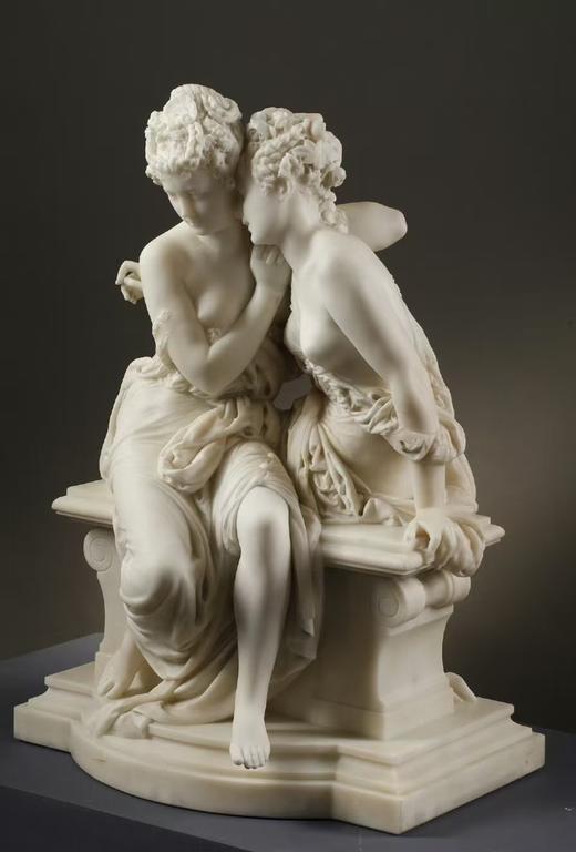 独角鹿西洋古董1860年代法国著名雕塑家Carrier-Belleuse签名创作人物主题大理石群雕作品《秘密》 商品图2
