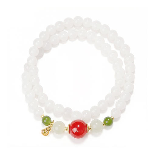 清瑶缀赤 天然和田白玉南红双圈手串 商品图0