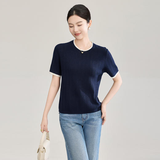 「高货wl」全新升级【铂金会员220/天猫289/差价69】(95139)洛诗琳立体挑孔织花羊毛短袖上衣2026春夏气质撞色针织衫 商品图1