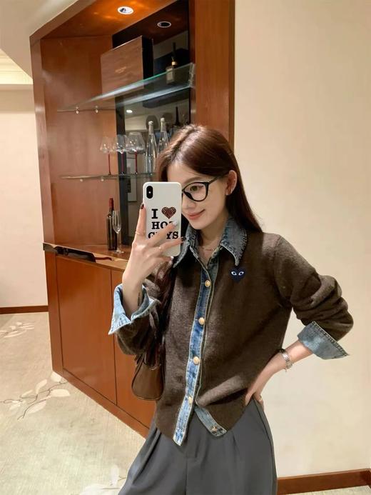 F031215针织拼接牛仔衬衫翻领假两件开衫短款外套 商品图1