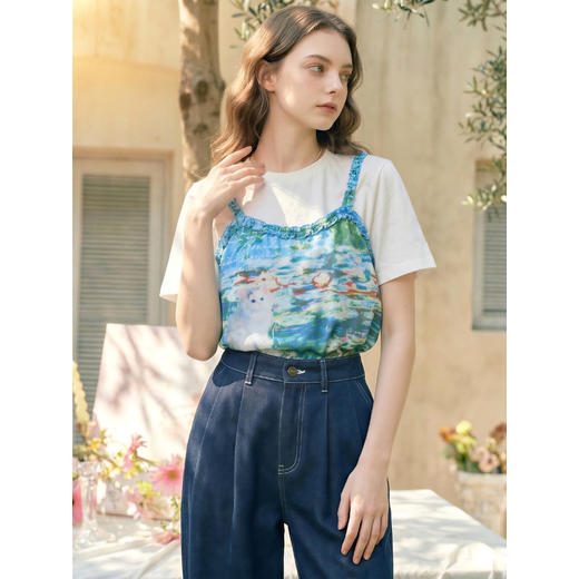 两三事 街角晴光 2026春季新款小清新印花拼接假两件短袖t恤女 商品图1