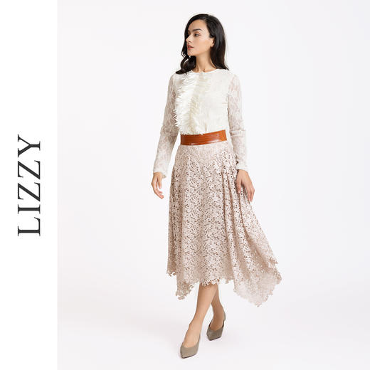 LIZZY 早秋 优雅名媛风撞色高腰刺绣蕾丝激光镂空不规则半身裙7600 商品图3