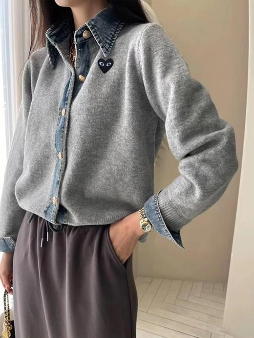 F031215针织拼接牛仔衬衫翻领假两件开衫短款外套 商品图5