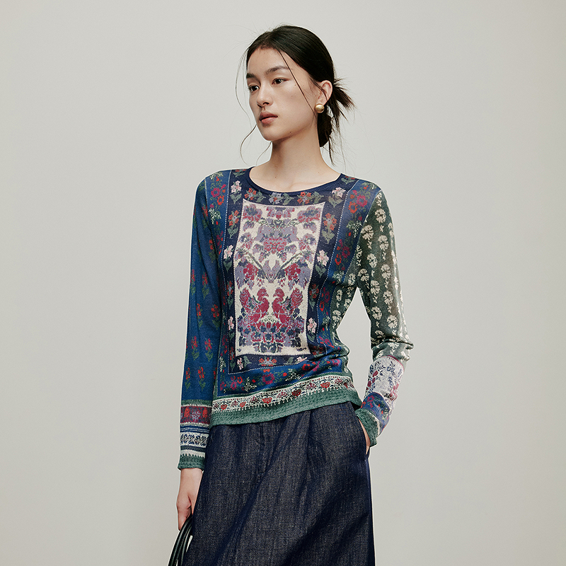 【林栖设计小店】古画复现|绵羊毛复古印花优雅修身显瘦2026春新款毛衣T1961395