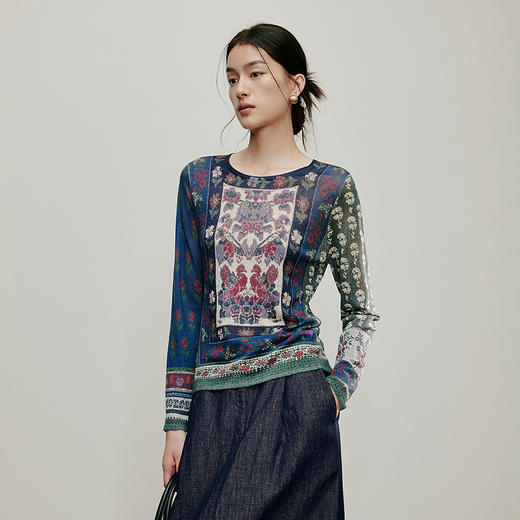 【林栖设计小店】古画复现|绵羊毛复古印花优雅修身显瘦2026春新款毛衣T1961395 商品图0