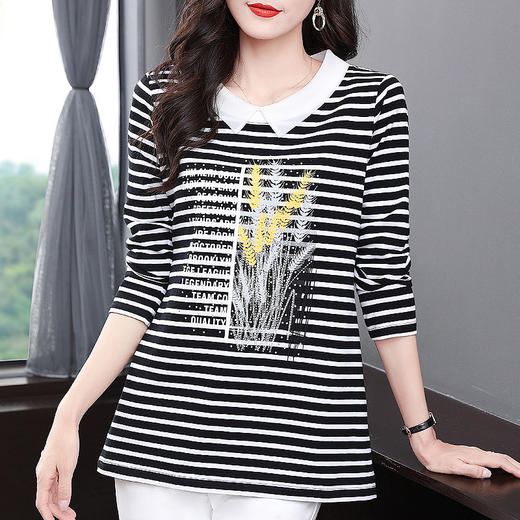 2026春秋季新款纯棉条纹女士长袖t恤休闲大码女装上衣打底衫宽松 商品图2