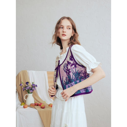 两三事温柔生长2026春季新款法式油画图案流苏拼接绑带针织开衫女 商品图2