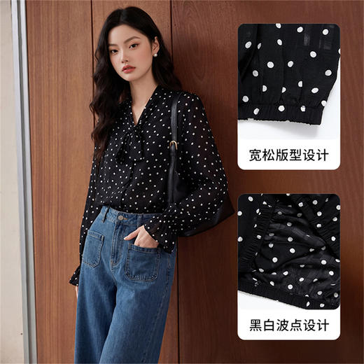 【限时秒杀】西遇法式波点飘带长袖衬衫女2026春季新款荷叶边宽松落肩雪纺衬衣10360046 商品图3