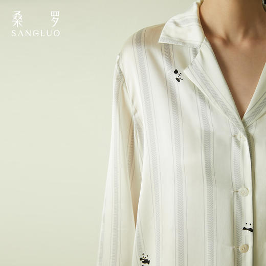 桑罗熊猫条纹印花女款睡衣套装亲肤透气长袖长裤情侣同款居家服 商品图3