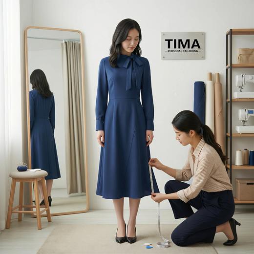 飘带领不对称破刀长袖气质连衣裙 商品图6