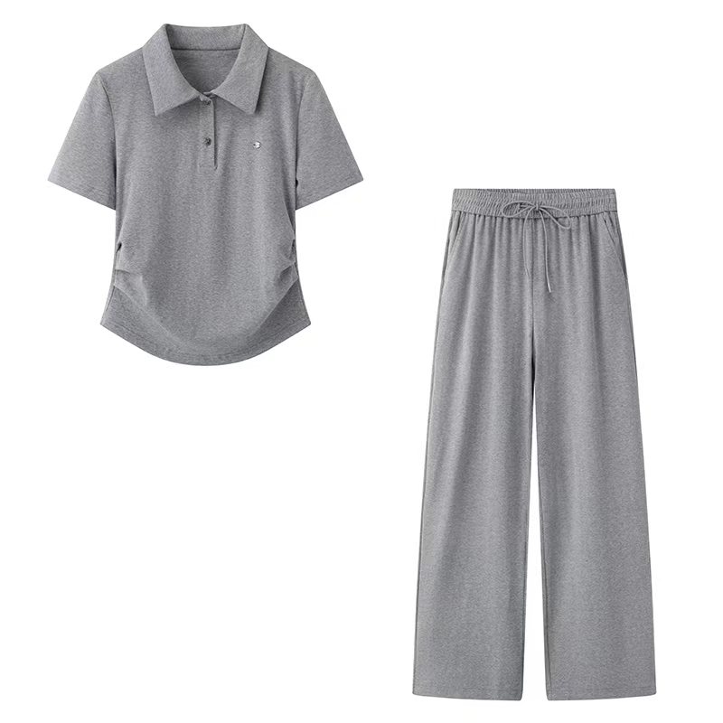 F031220春夏季新款灰色polo衫短袖阔腿卫裤两件套