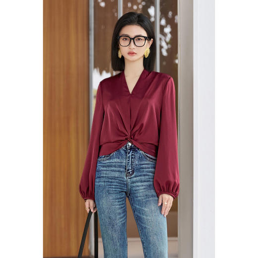 剩M/L 酒红V领衬衫+高腰马蹄裤套装5Y25CG5073 商品图2