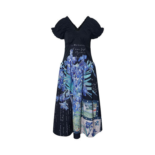 两三事梵高文艺 旧梦如歌 2026春季新款复古v领印花a字连衣裙 商品图4