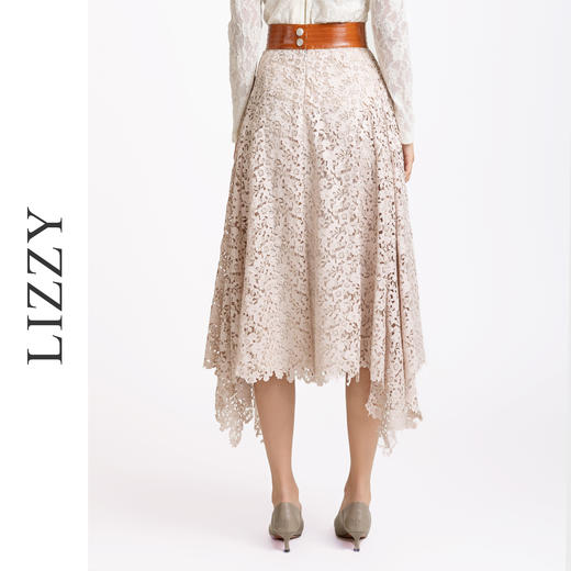 LIZZY 早秋 优雅名媛风撞色高腰刺绣蕾丝激光镂空不规则半身裙7600 商品图5