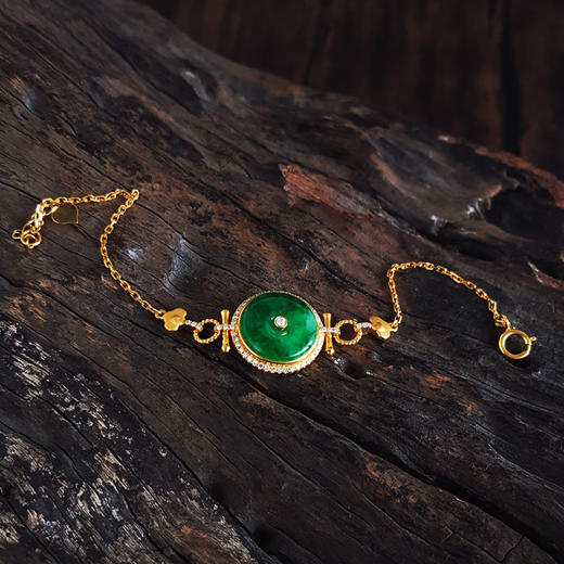 【天然正品】A货翡翠AU750黄金镶钻镶天然细腻满绿糯冰种平安扣翡翠手链 链长：19CM（皆取最大值）030326NJT13 商品图3