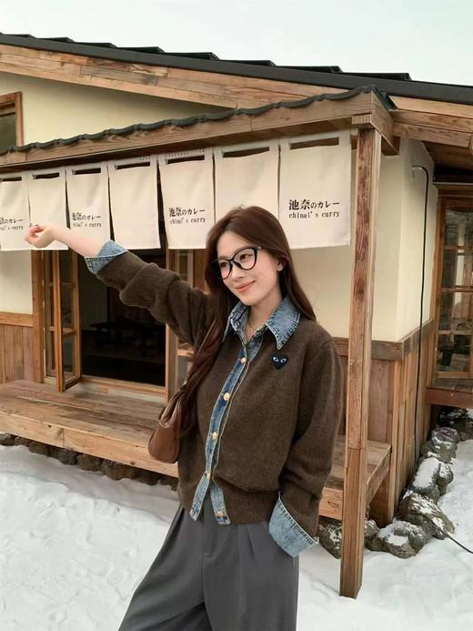 F031215针织拼接牛仔衬衫翻领假两件开衫短款外套 商品图2