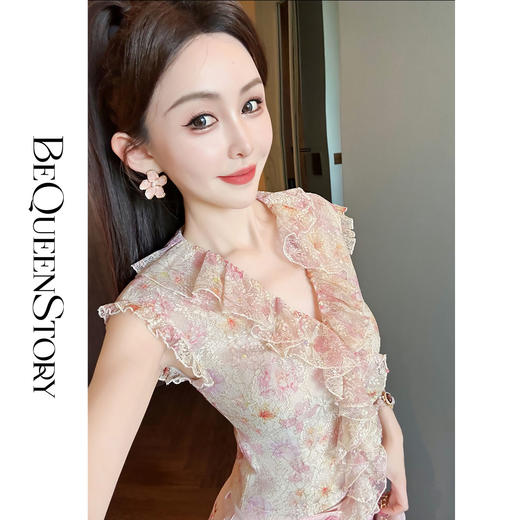 【孤品样衣，不退不换】【浮花游记】印花蕾丝小飞袖荷叶V领上衣成人2025夏装新款 商品图4