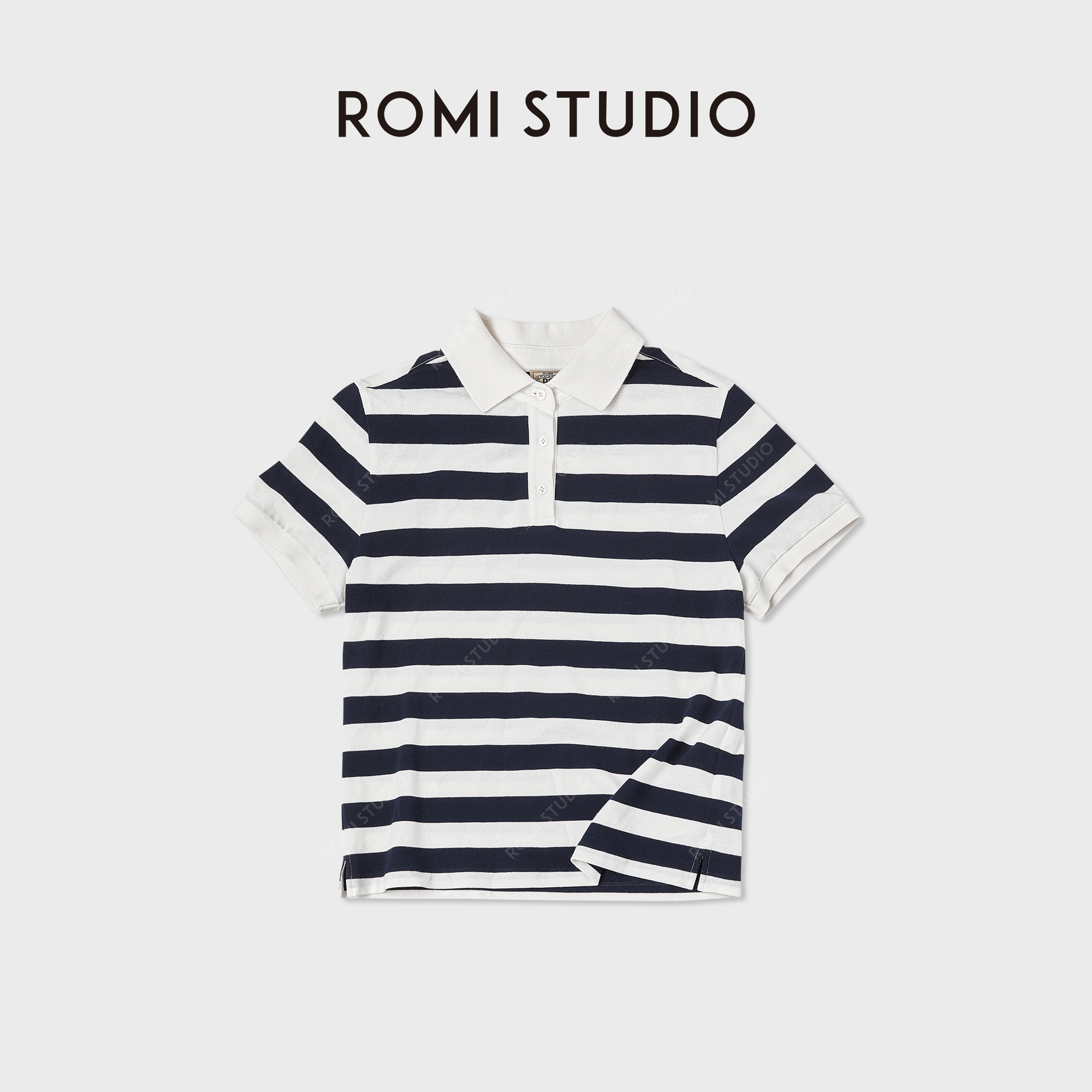 ROMI STUDIO"休闲随性"软糯新疆棉polo领条纹短袖上衣RWCAST5560