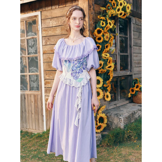 两三事梵高文艺不朽甜梦2026春新款法式露肩一字肩印花绑带连衣裙 商品图1