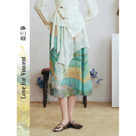 两三事梵高文艺草色初晴2026春季新款蕾丝拼接印花拼布a字半身裙