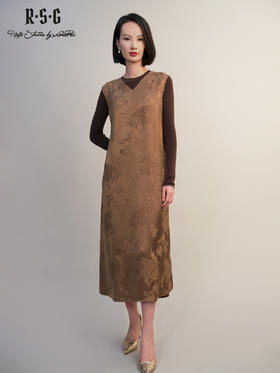 郭培成衣RSG「棕调暗纹」无袖长款连衣裙