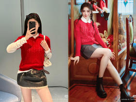 312-4 渠道圆正 刘浩存 miu蕾丝效果 羊绒针织开衫 polo翻领短袖