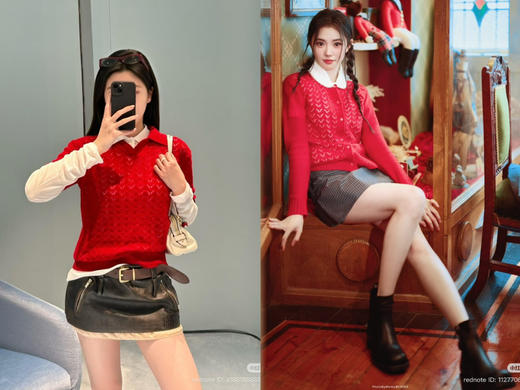 312-4 渠道圆正 刘浩存 miu蕾丝效果 羊绒针织开衫 polo翻领短袖 商品图0