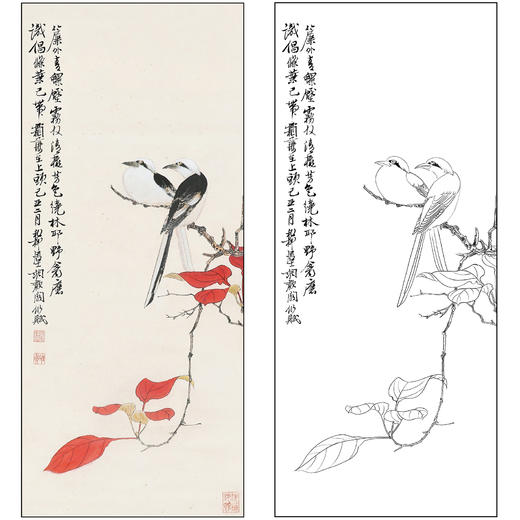 谢稚柳花鸟工笔画白描底稿《红叶双禽图》临摹勾线高清打印稿XZ49 商品图0