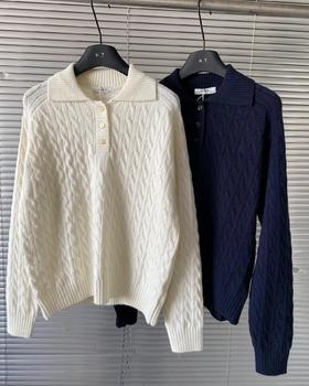 F031259新品针织衫时尚休闲减龄百搭复古学院风翻领绞花毛衫女