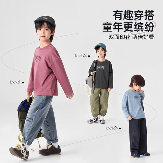 【件件底价，童装双倍积分】多多家男童美式长袖T恤纯棉2026春装新款春秋儿童中大童印花上衣11374 商品图1