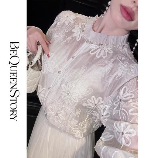 【孤品样衣，不退不换】【花月茉莉】法式特种绣花钉珠荷叶边立领泡泡袖衬衫 商品图3