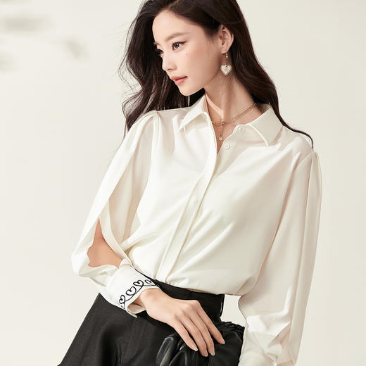 剩 米思阳新款气质职业镂空袖衬衣宽松白色翻领衬衫上衣女8T23AC0214 商品图3