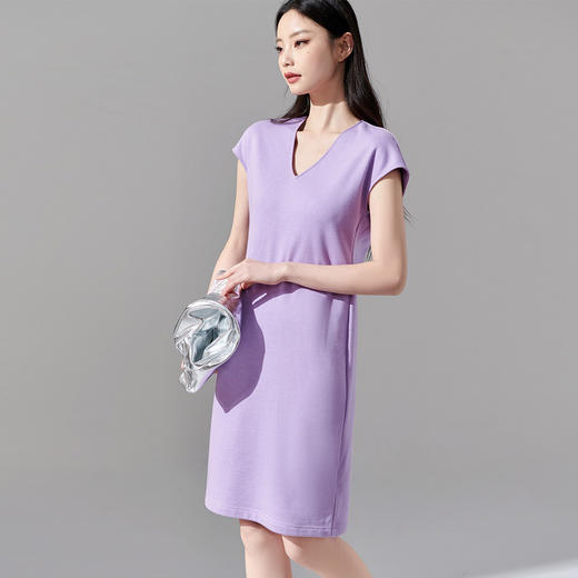 剩S/M/XL 芳外春季新款知性优雅紫色连衣裙气质v领收腰显瘦中长裙0034 商品图2