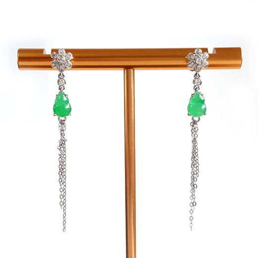 【天然正品】A货翡翠AU750白金镶钻镶天然细腻冰种满绿葫芦（福禄平安）翡翠流苏耳坠48.2*15.5MM（皆取最大值）030326NJT23 商品图0