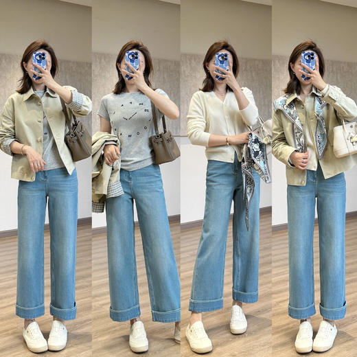 【春日蓝调】一裤两穿！9分蛋卷裤！2026 四面弹春夏浅蓝牛仔裤女刺绣卷边窄版直筒裤！ 商品图4