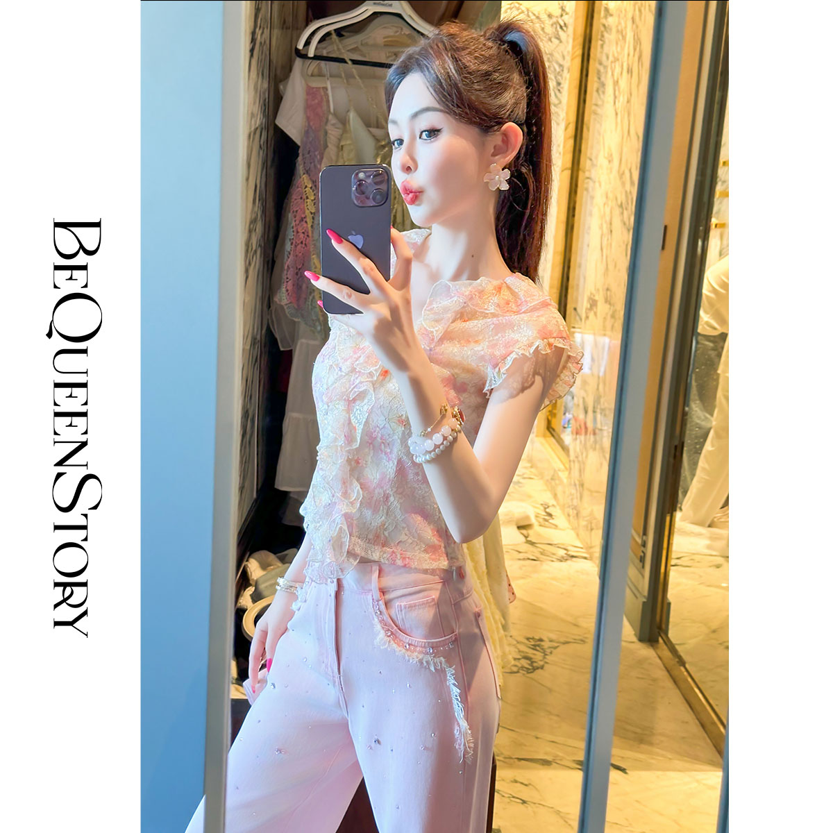 【孤品样衣，不退不换】【浮花游记】印花蕾丝小飞袖荷叶V领上衣成人2025夏装新款