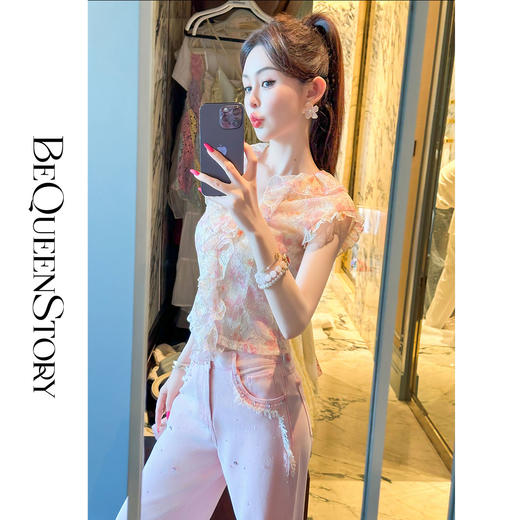 【孤品样衣，不退不换】【浮花游记】印花蕾丝小飞袖荷叶V领上衣成人2025夏装新款 商品图0