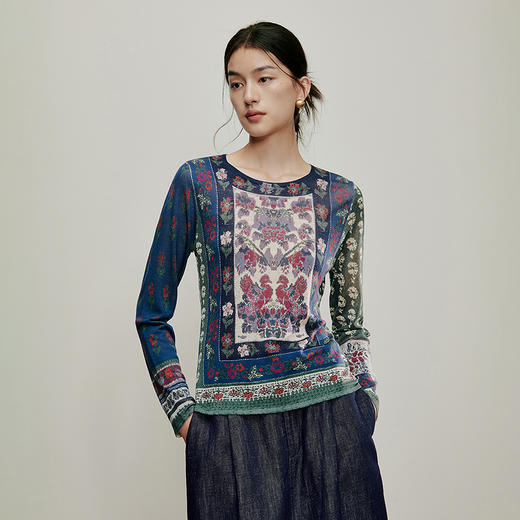 【林栖设计小店】古画复现|绵羊毛复古印花优雅修身显瘦2026春新款毛衣T1961395 商品图2