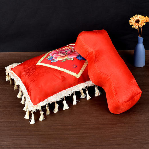 红色牡丹 寿衣男女全套配件寿枕头枕脚蹬印花流苏龙凤枕 商品图0