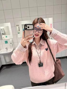 F031261少女感浅粉色宽松oversize黑色爱心刺绣假两件针织毛衣