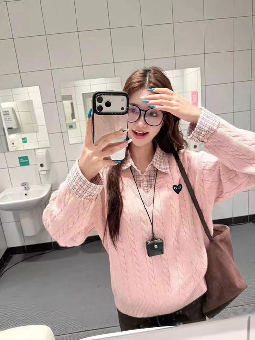 F031261少女感浅粉色宽松oversize黑色爱心刺绣假两件针织毛衣 商品图0