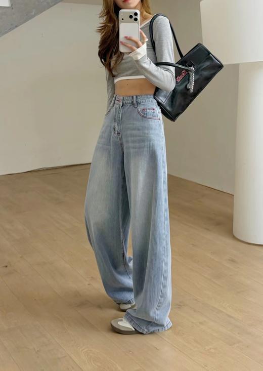 F031219复古水洗浅蓝牛仔裤宽松阔腿百搭休闲长裤 商品图13