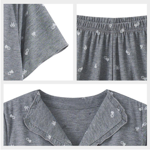 【7.5折限时特惠】【秀黛】女开扣杯垫针织提花短袖套装提花亲肤透气蝴蝶结蕾丝木耳边甜美休闲女士夏季睡衣家居服W2551048T【门店同款】 商品图4