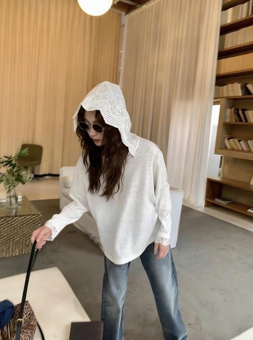 浪漫蕾丝 拼接宽松廓形花边帽假两件长袖T恤 商品图2