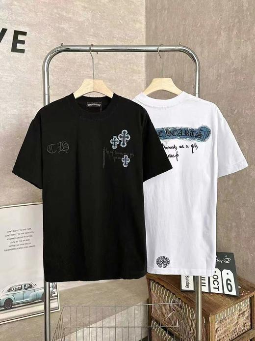 F031202春夏新款男女同款水洗磨破工艺 logo牛仔贴布刺绣短袖T恤 商品图0