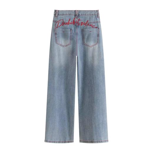 F031219复古水洗浅蓝牛仔裤宽松阔腿百搭休闲长裤 商品图1