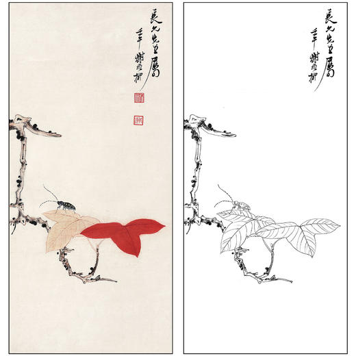 谢稚柳花鸟工笔画白描底稿《红叶天牛》临摹勾线高清打印稿XZ46 商品图0